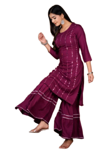Maroon Straight 3/4Th Sleeve Cotton Designer Kurti - Feature: Soft Texture