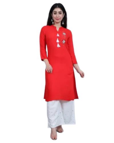 Red Color Ladies Cotton Rayon Kurti - Design: Straight Design