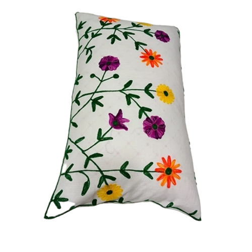 Decorative Crewelwork Pillow - Cotton, Rectangle, White | Hand Embroidered, Intricate Crewelwork, Soft Cotton Filling