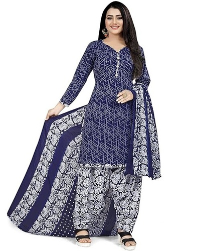 Blue Cotton Printed Unstitched Salwar Suit
