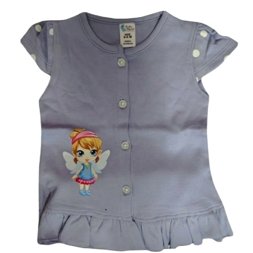 Grey Girl Frock - Cotton, Customized Size, Grey Color, Short Sleeves, Printed Pattern, Breathable, Washable, No Fade