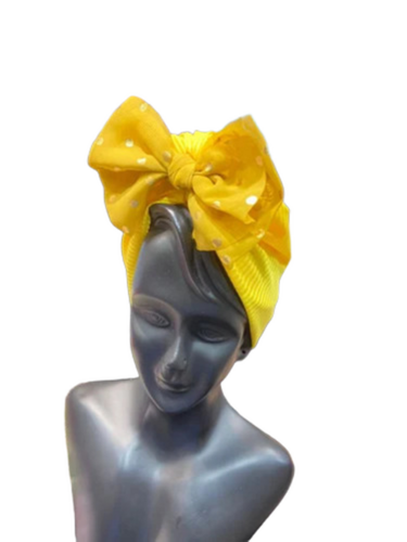 Yellow Fancy Hair Turban - Synthetic, Free Size, Yellow | Pleated Design, For Ladies, Non Waterproof