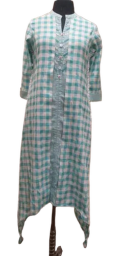 Blue And White Ladies Check Print Cotton Kurti - Decoration Material: None