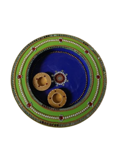 Blue Golden Wooden Pooja Thali Set