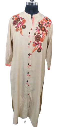 Cream Ladies Designer Stand Collar Rayon Kurti - Feature: Stylish Look