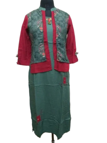 Green And Pink Embroidered Rayon Kurti - Decoration Material: Thread Work