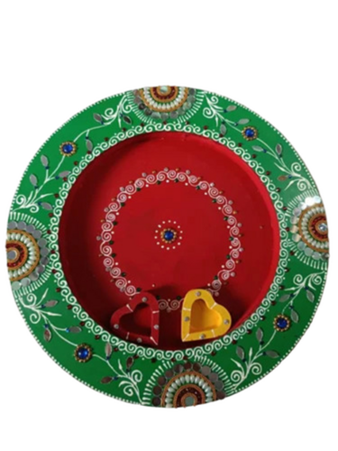 Green Red Wooden Pooja Thali Set