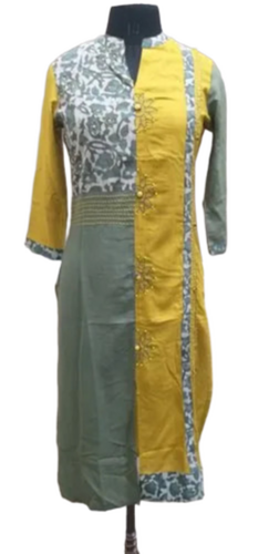 Grey And Green Collar Neck Ladies Rayon Kurti - Decoration Material: Decorative Buttons