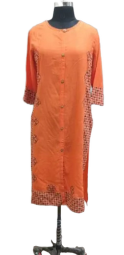 Orange Round Neck Printed Kurti - Feature: Quick Dry