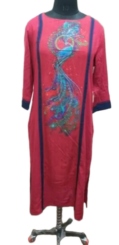 Pink Ladies Embroidered Cotton Kurti - Decoration Material: Thread Embroidery