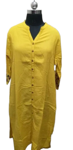 Yellow Ladies V-Neck Plain Cotton Kurti - Decoration Material: None