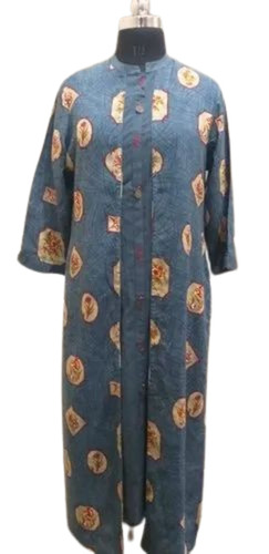 Ladies Grey Collar Neck Printed Cotton Kurti - Design: Standard