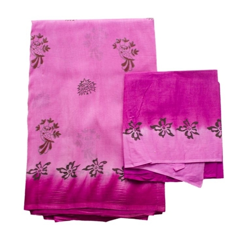 Printed Pink Cotton Saree