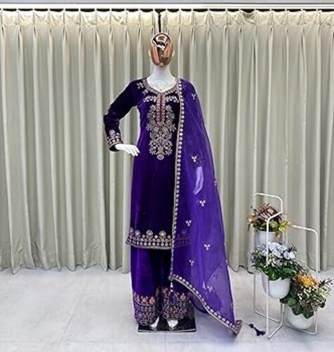 Ladies Purple Velvet Embroidered Kurta Palazzo