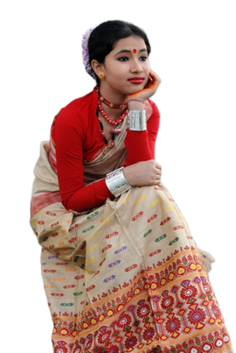 Padmini Silk Mekhela Chadar With Guna (Zari) Work - Color: Red