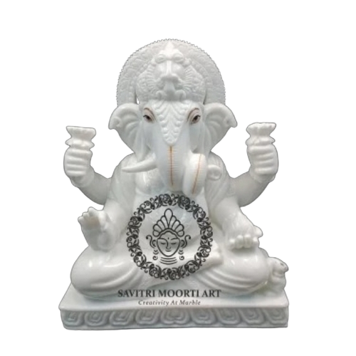 White Marble Dagdusheth Ganpati Statue - Marble, Customize Size, White, Polished | Crack Resistant, Water Resistant, Lightweight