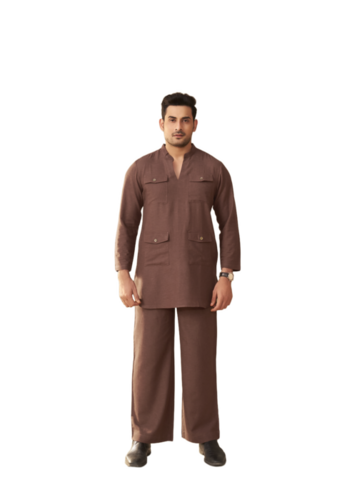 Brown 4 Pocket Linen Cotton Coord Set For Men