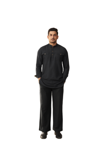 Jet Black Men Coord Set Linen Cotton