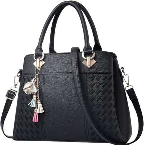 Vegan Ladies Handbag - Genuine Leather, Standard Size, Black | Zipper Closure, Soft Texture, Shoulder Handles, Water Resistant