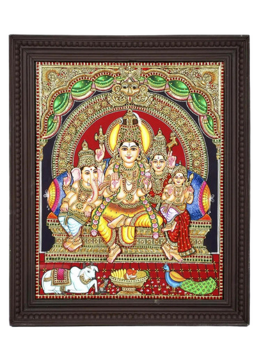 Traditional Colors Lord Shiva Family Tanjore Painting - Material: Wood & Gold Leaf