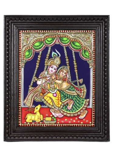 Traditional Colors Radha Krishna Tanjore Painting - Features: Gold Relief Work