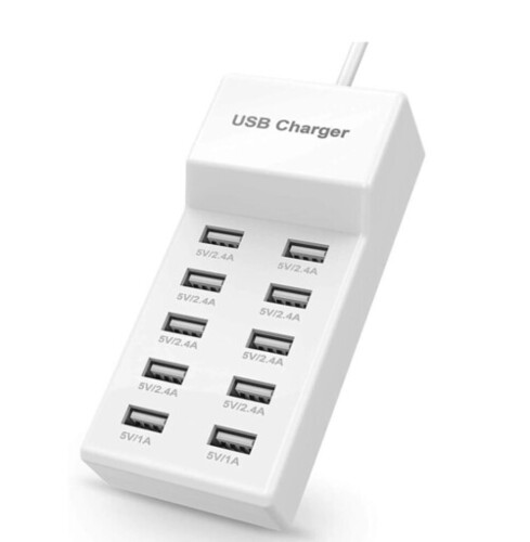 10 Port 2.4A USB Charging Station - Plastic, White, 220-240V | Multi Port Fast Charging, Intelligent Control, Heat Management