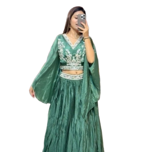 Ladies Green Lehenga Choli - Traditional Flared Design, Heavy Embroidery, Breathable, Anti-UV, Plus Size