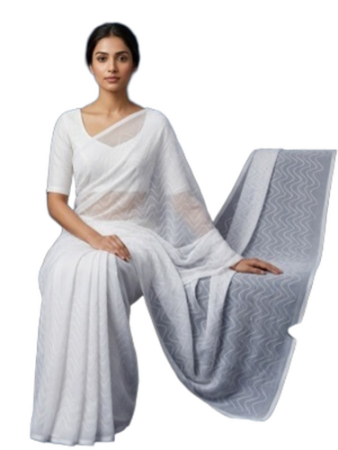 Cardiogram Weaving Pattern White Saree - Fabric Type: Art Silk