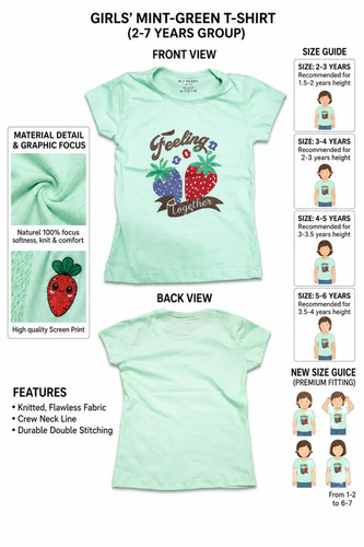 Girls Knitted T-Shirt - Soft Knitted Fabric, Green | Bright Colors, Printed Pattern, Short Sleeves, Casual Style