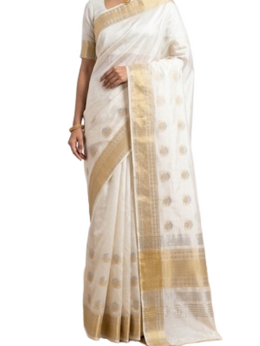 Silk Cotton Saree With Golden Woven Border And Sequins Pallu - Color: Off White
