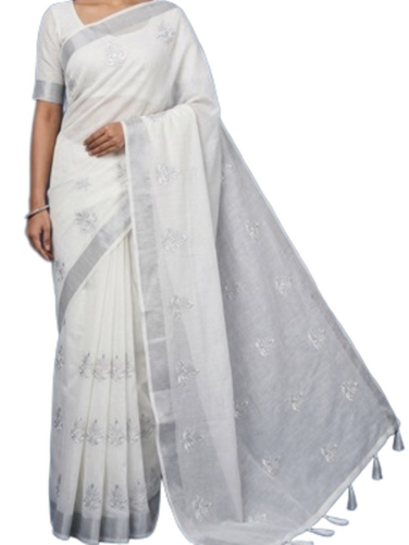 Cotton Saree In White Color With Grey Border And Embroidery Work - Gender: Female