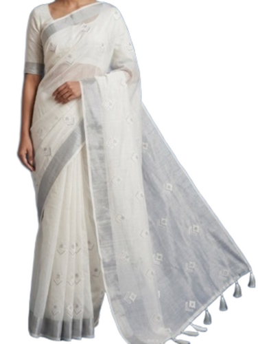 Embroidery White Saree - Fabric Type: Cotton Silk