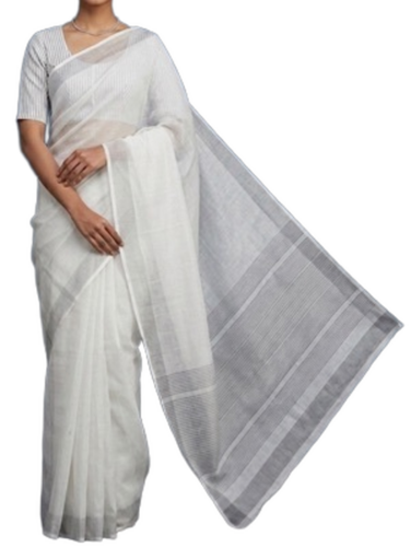 Linen Cotton Blend Saree In White Color With Grey Border - Gender: Female