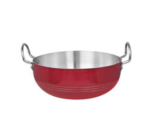 Aluminium Frying Kadai - Aluminum Alloy, Standard Size, Silver & Red | Non-Stick Interior, Polished Exterior, Side Handles