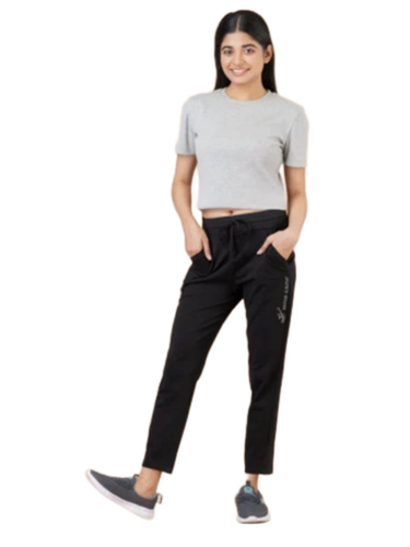 Ladies Black Cotton Lycra Track Pant - Fit Type: Regular