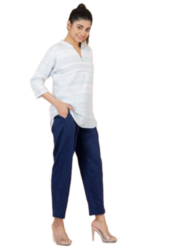 Ladies Navy Blue Cotton Pant - Fit Type: Regular