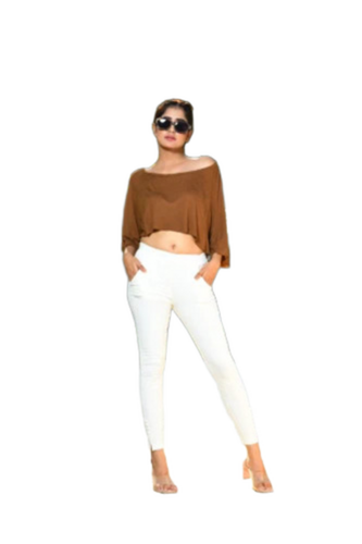 Ladies Slim White Rayon Lycra Pant - Fit Type: Regular