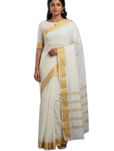 Kasavu Cotton Sarees With Golden Woven Border - Color: White