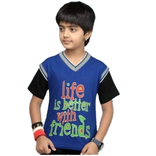 Kids Printed T Shirts - Cotton Blend, S-xxxl, Blue & Black, V-neck, Short Sleeves, Printed, Breathable, Anti Wrinkle, Quick Dry, Washable