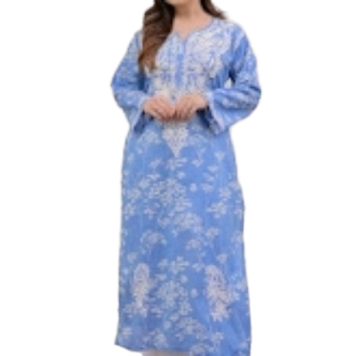 Blue Kurtis - Cotton, All Size, Blue, Long Sleeve, Fancy | Breathable, Skin Friendly, Washable, Printed Pattern
