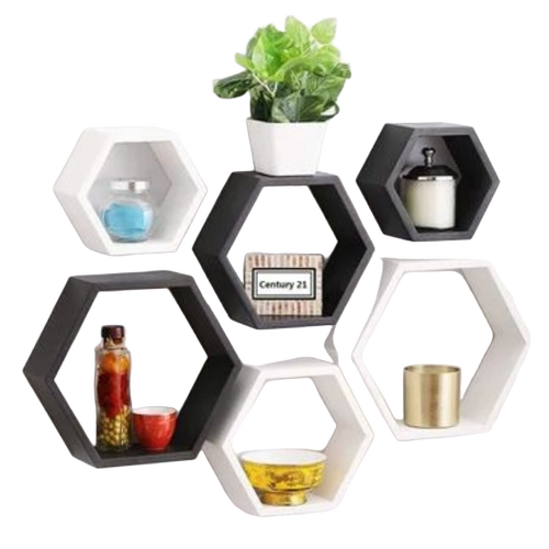 Wooden Hexagon Shape Wall Shelf Set - Solid Wood, Black & White, Wall Mounted | Space Saving, Strong Brackets, Durable Finish