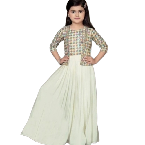Cream Pleated Long Gown For Girls With Colorful Embroidered Jacket