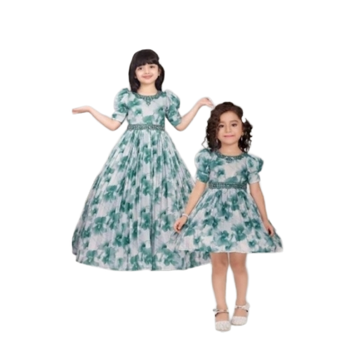 Floral Party Wear Gown For Girls Puff Sleeves Premium Kids Ethnic Dress - Color: Blue