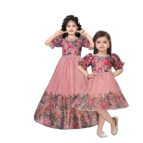 Peach Floral Party Wear Gown For Girls Puff Sleeves Premium Kids Ethnic Dress