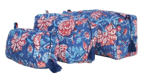 Azure Blue Hand Block Printed Quilted Cotton Toiletry Bag Set - Design: Customized