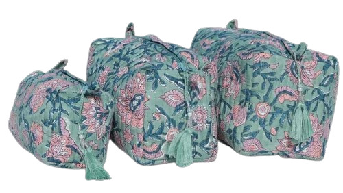 Light Green Hand Block Printed Quilted Cotton Toiletry Bag Set - Design: Customized
