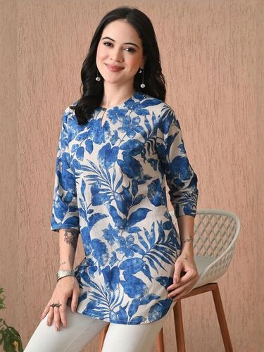 Floral Printed Pure Ladies Cotton Kurti - Cotton, All Size, Blue | Anti Wrinkle, Comfortable, Skin Friendly, No Fade, Long Sleeve, Western Style