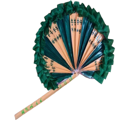Green And Peach Bengali Frill Fan - Design Type: Traditional