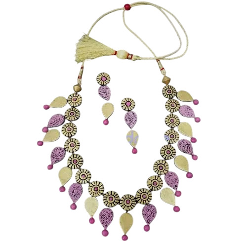 Multicolor T4 Terracotta Necklace Set - Color: Purple & Off White