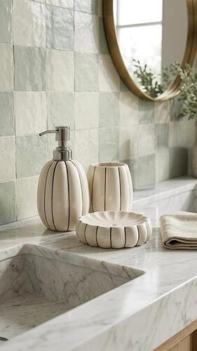 White Striped Pumpkin Ceramic Bathroom Set